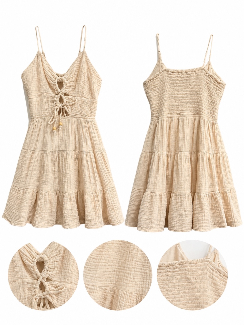 Ocean Drive Beige Tiered Mini Dress with Tie-Front